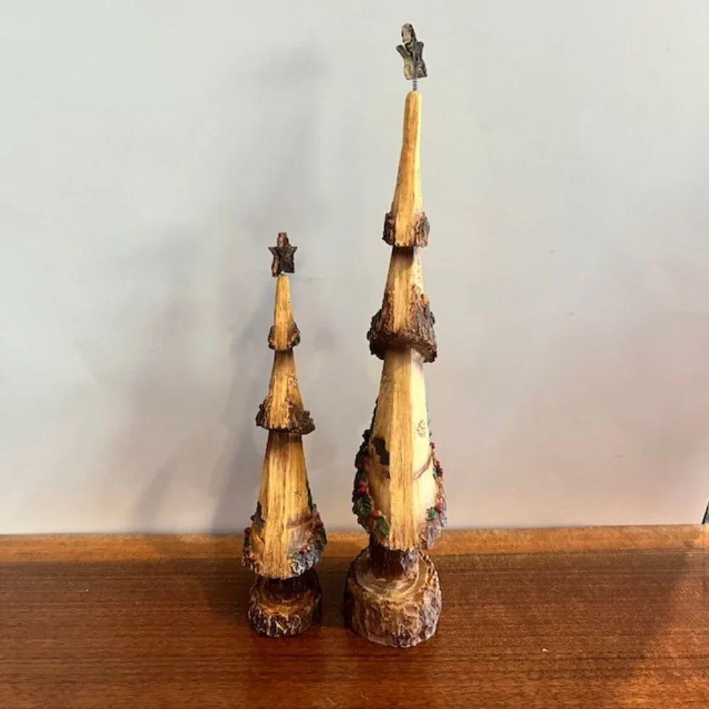 Pair of Resin Wood Look Rustic Carved Trees with Trees Snowflakes Cabin Holly